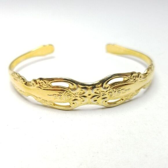 Vintage Gold Tone Cuff Bangle Bracelet, Spoon Handle Style Design, Estate - Picture 1 of 6